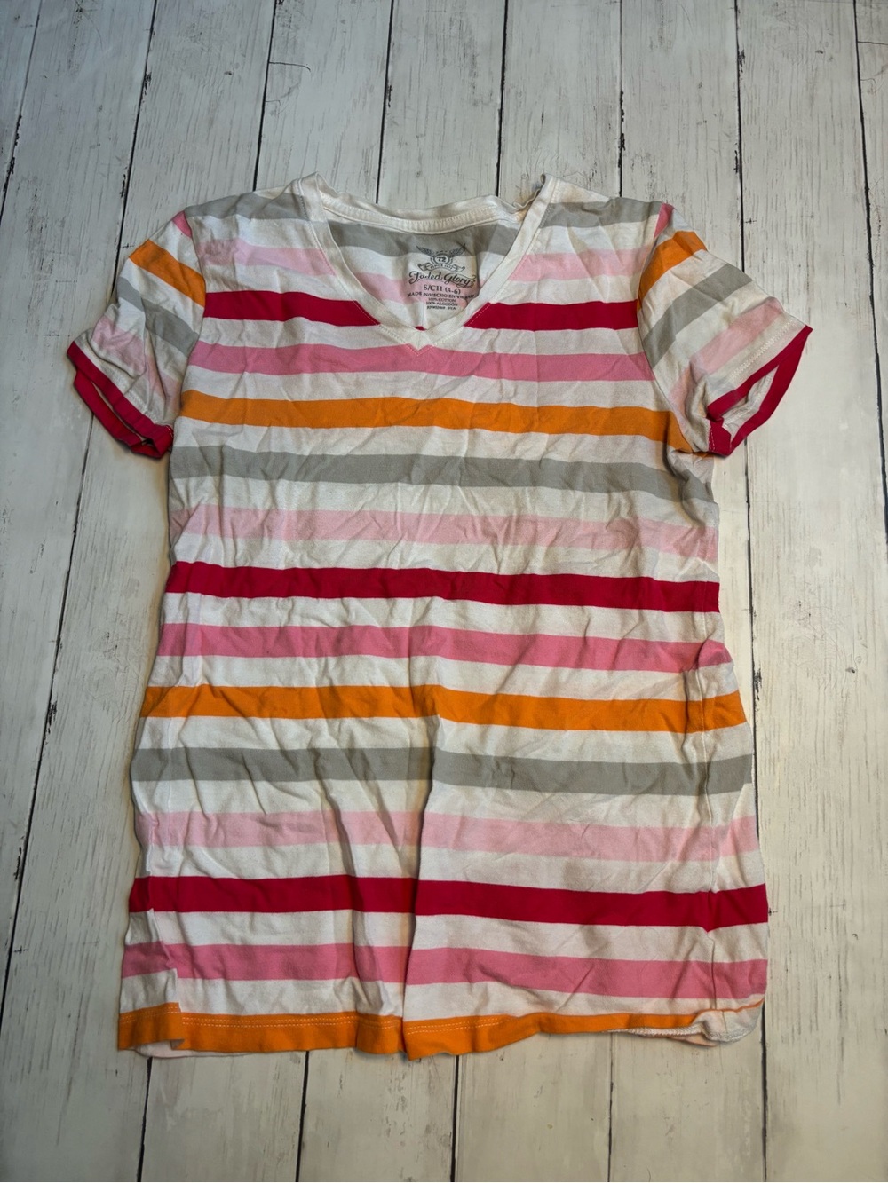 Faded Glory Multicolor Striped V-Neck Tee in Pink, Red, Orange & Cream